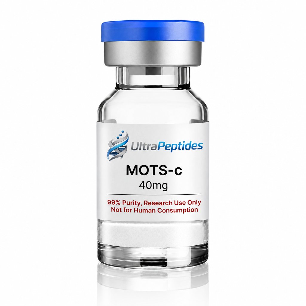 MOTS-c 40mg vial with shorter label, flat white powder and transparent glass base