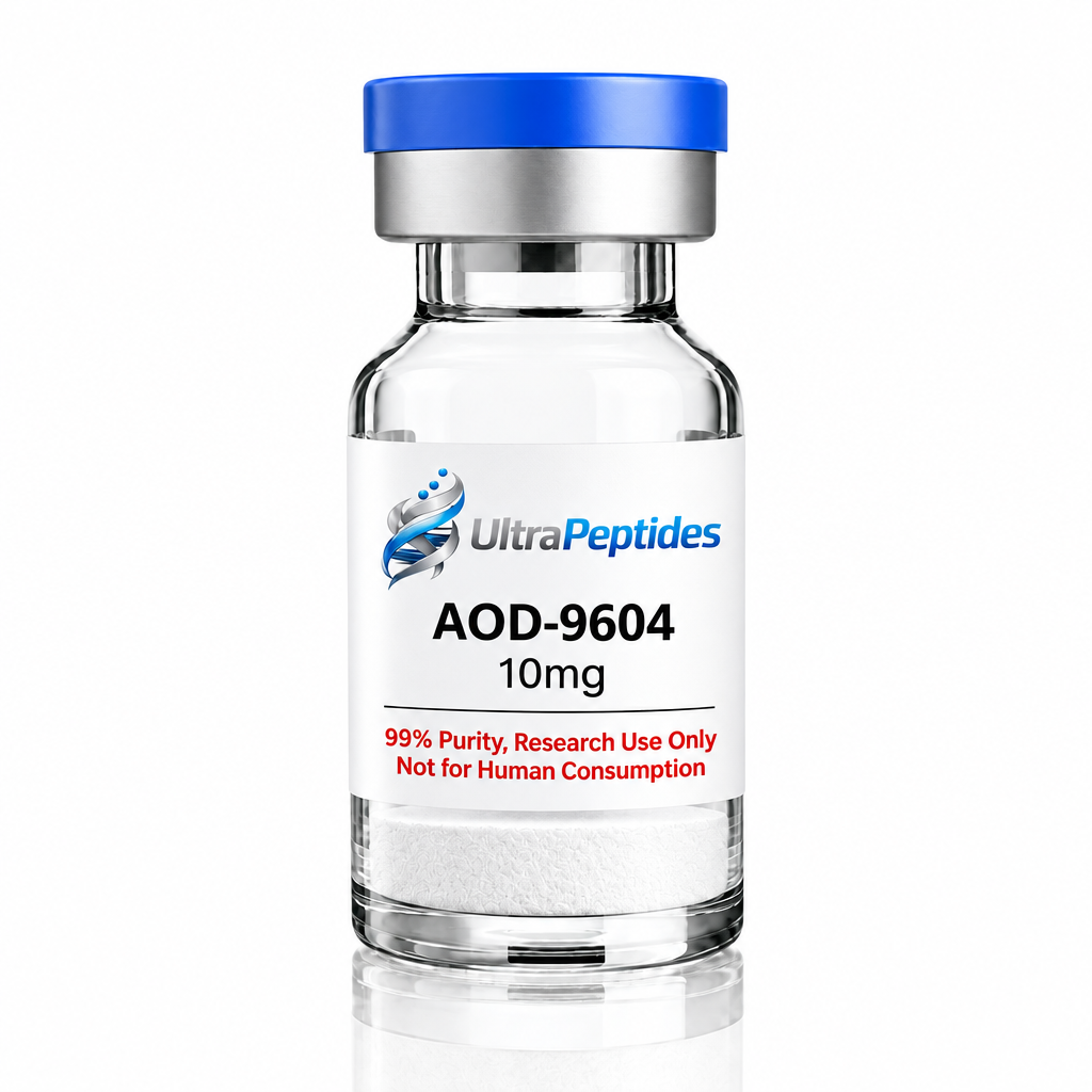AOD-9604 10mg vial with sharp label and flat white powder