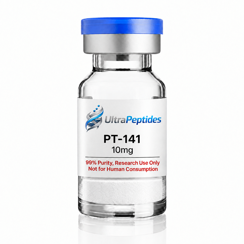 PT-141 10mg vial with shorter sticker and flat white powder
