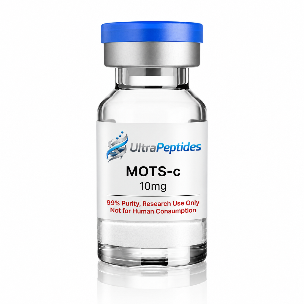 MOTS-c 10mg vial with shorter label, flat white powder and transparent glass base