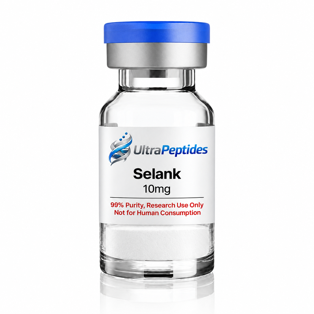 Selank 10mg vial with corrected shorter sticker and flat white powder