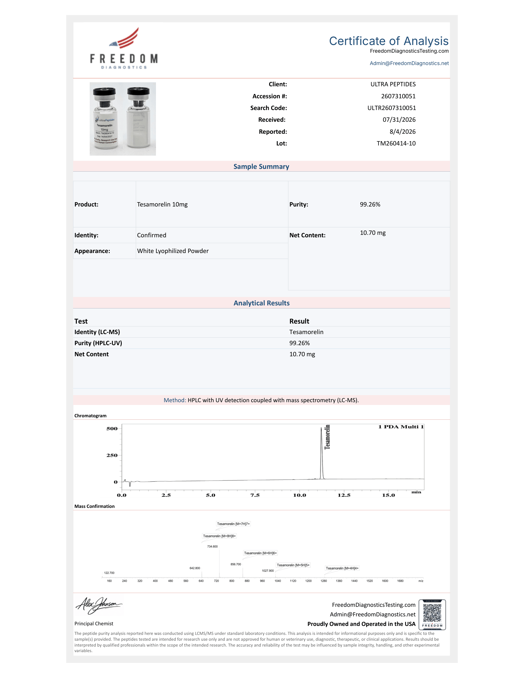 Tesamorelin 10mg Lab Test 99% Purity